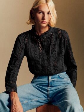 Sezane Rym black lace trim shirt size Small